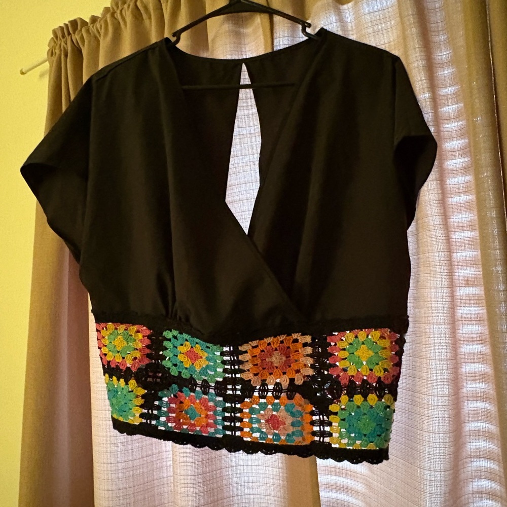 Black Crochet Hem Women's Top